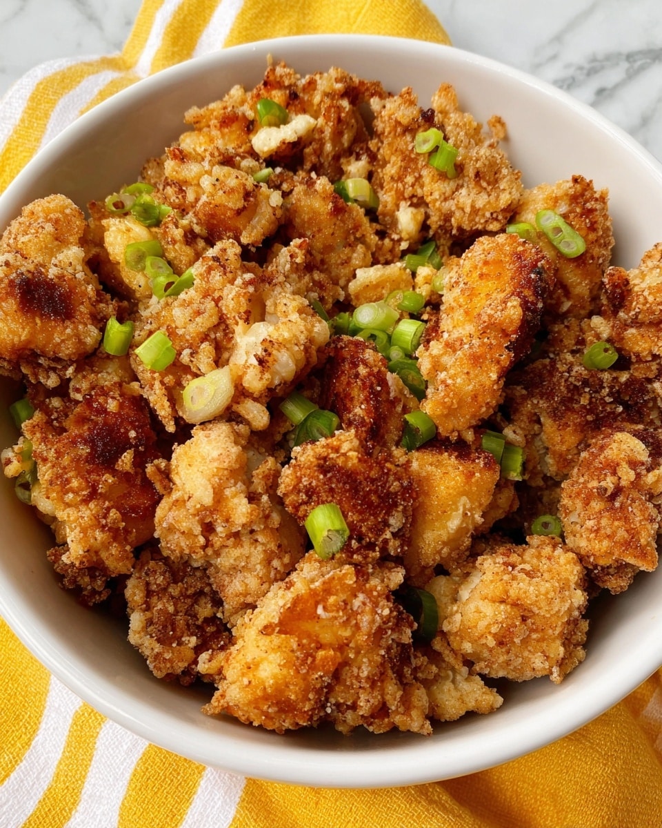 A white bowl filled with many small pieces of crispy fried chicken, golden brown with light and darker fried spots creating a crunchy texture. The chicken pieces vary in shape, some with rough edges and others more chunky, showing a mix of airy and thicker crust. Scattered on top and around the chicken are small, bright green slices of chopped green onion, adding a fresh pop of color. The bowl sits on a yellow cloth with white stripes. The background is a white marbled texture. photo taken with an iphone --ar 4:5 --v 7
