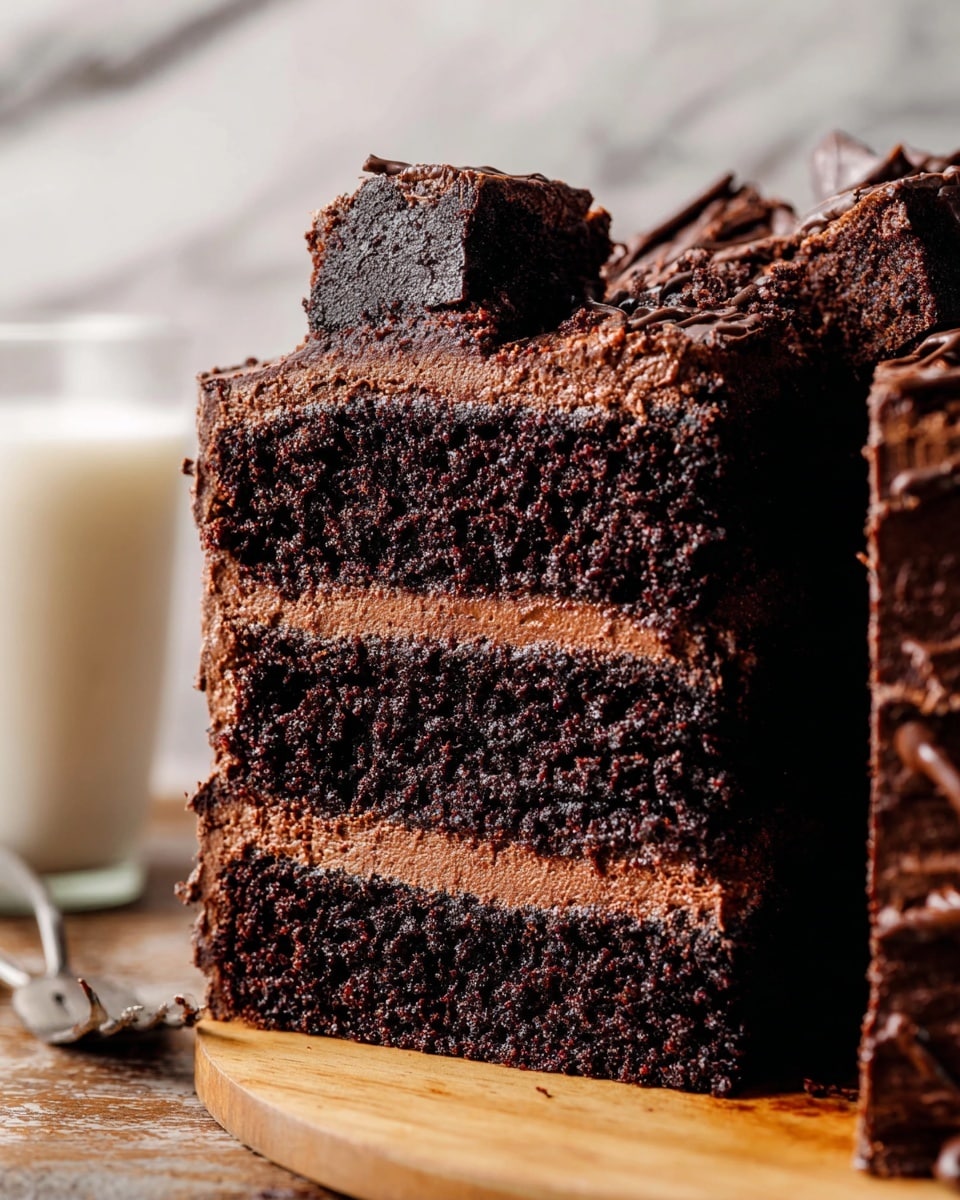 A close-up image of a three-layer chocolate cake with dark brown, moist, and slightly crumbly texture. Each layer is separated by a thick, light brown chocolate frosting spread evenly. On top of the cake, there are several pieces of dense, dark chocolate brownies with slightly cracked surfaces and some chocolate drizzle. The cake sits on a light wooden board with a glass of milk beside it, set against a background with a white marbled texture. photo taken with an iphone --ar 4:5 --v 7