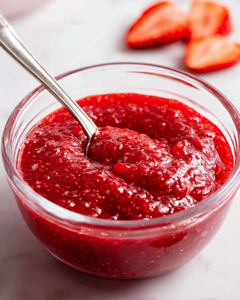 A clear glass bowl filled with bright red, thick strawberry jam showing a textured, slightly chunky surface from crushed strawberries. A shiny silver spoon rests inside the jam, partially dipped with its handle leaning on the bowl's edge. In the background, there are sliced fresh strawberries adding a fresh touch. The bowl sits on a white marbled surface, making the red color of the jam stand out vividly. photo taken with an iphone --ar 4:5 --v 7