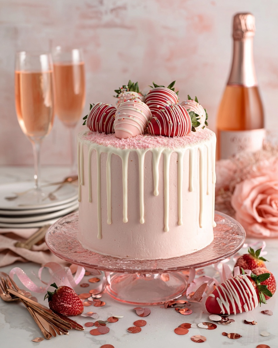 A tall, round cake with smooth, light pink frosting covers the entire surface. White icing drips down the sides in uneven lengths, giving a soft texture contrast. On top, there are two layers of decoration: the first is a pink dust sprinkled lightly over the top, and the second layer consists of whole strawberries dipped in pink and white chocolate with various stripes and dots, arranged casually close together. The cake sits on a light pink glass cake stand, surrounded by festive pink, white, gold, and red confetti strips scattered on a white marbled surface. In the background, two filled champagne glasses and a bottle of rose wine stand next to a stack of white plates and rose gold cutlery on a pale pink cloth. photo taken with an iphone --ar 4:5 --v 7