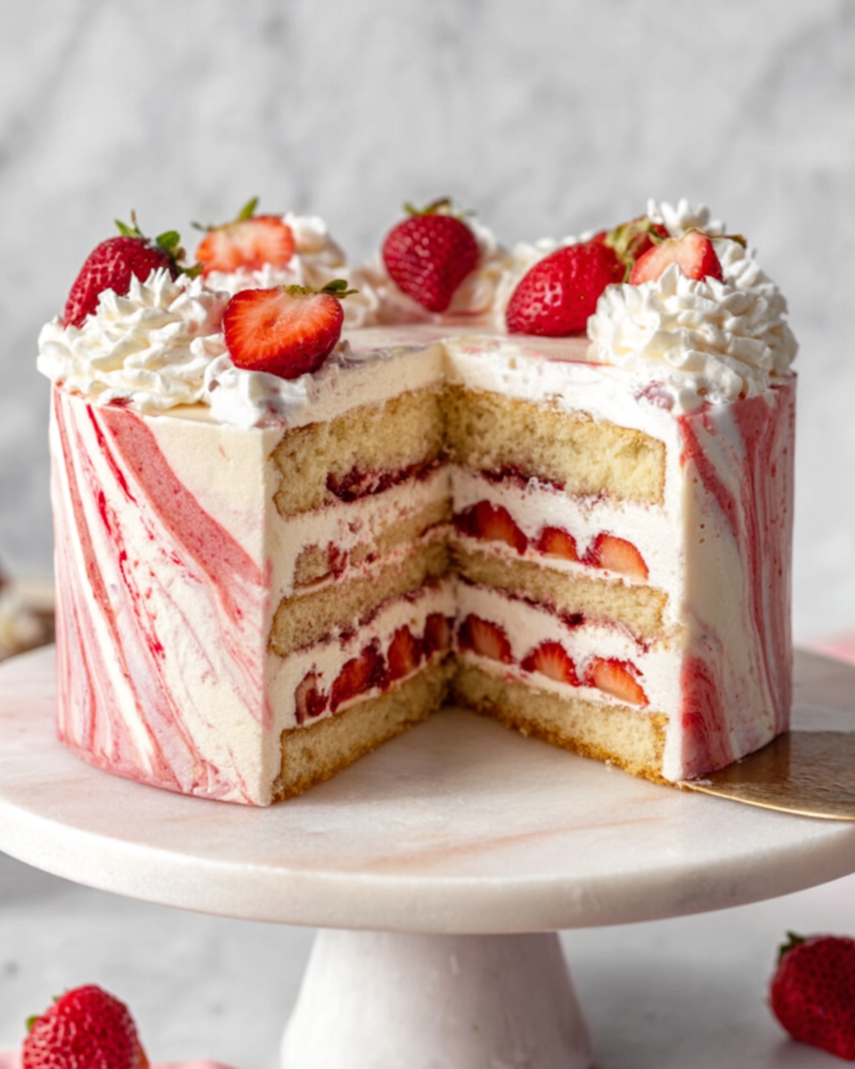 A white cake with four visible layers stands on a white cake stand with a marble base. Each cake layer is light golden brown, separated by white cream and thin slices of red strawberries. The outside is covered with white and pink marbled cream frosting, topped with whole strawberries and swirls of white cream. The background is a white marbled texture. photo taken with an iphone --ar 4:5 --v 7