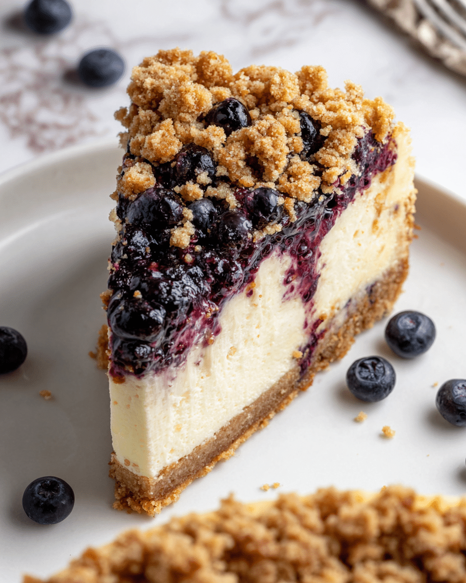 A close-up of a slice of cheesecake on a white plate, showing four main layers: a thick golden brown crust at the bottom, a thick creamy white cheesecake filling in the center, a layer of dark purple blueberry compote with whole blueberries near the top edge, and a crumbly light brown streusel topping mixed with more blueberries covering the top. Scattered blueberries sit on a white marbled surface around the plate. Part of the larger cheesecake with the crumbly topping and blueberries can be seen at the bottom of the image. Photo taken with an iphone --ar 4:5 --v 7