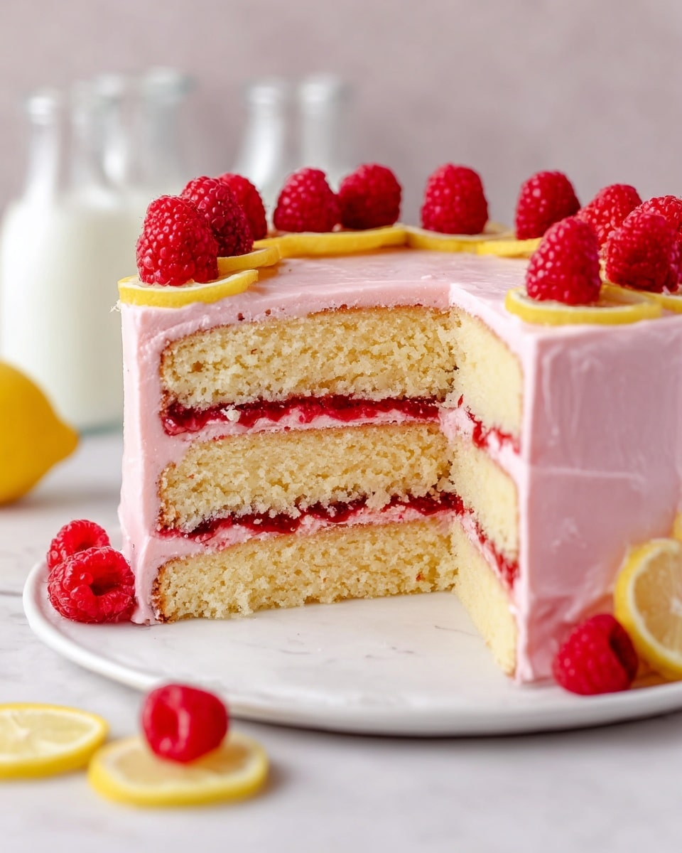 A three-layer cake sits on a white plate over a white marbled surface, each layer of soft yellow sponge cake separated by a thin, bright red jam filling and a light pink frosting layer. The entire cake is covered in smooth pink frosting, with a topping of fresh red raspberries and thin lemon slices arranged around the edge. A few raspberries and lemon slices are scattered around the plate, and the background is softly blurred with glass milk bottles visible. Photo taken with an iphone --ar 4:5 --v 7