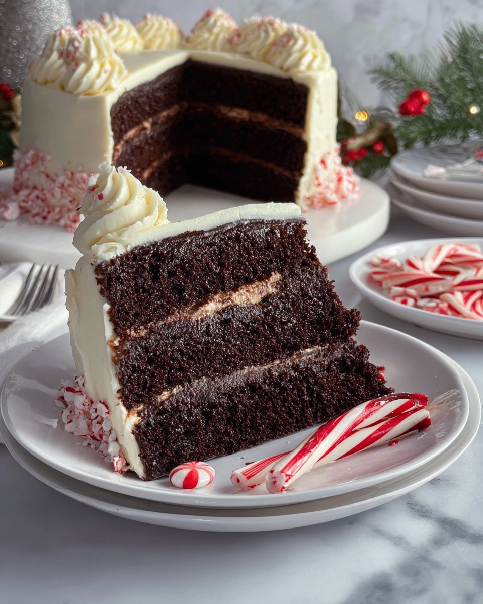 A slice of dark chocolate cake is shown on a white plate with three layers of moist chocolate sponge separated by two layers of rich dark chocolate filling, all topped with a thick layer of creamy white frosting. The edges of the frosting drop slightly down the sides of the cake slice. Around the cake slice on the plate are small round peppermint candies with red and white swirls and a pair of broken red and white striped candy canes. Behind the slice, the rest of the cake sits on a white board, revealing four layers of chocolate sponge with dark filling and creamy frosting on top, decorated with frosting swirls and whole peppermint candies. The setting includes festive holiday decorations and a white marbled surface. photo taken with an iphone --ar 4:5 --v 7
