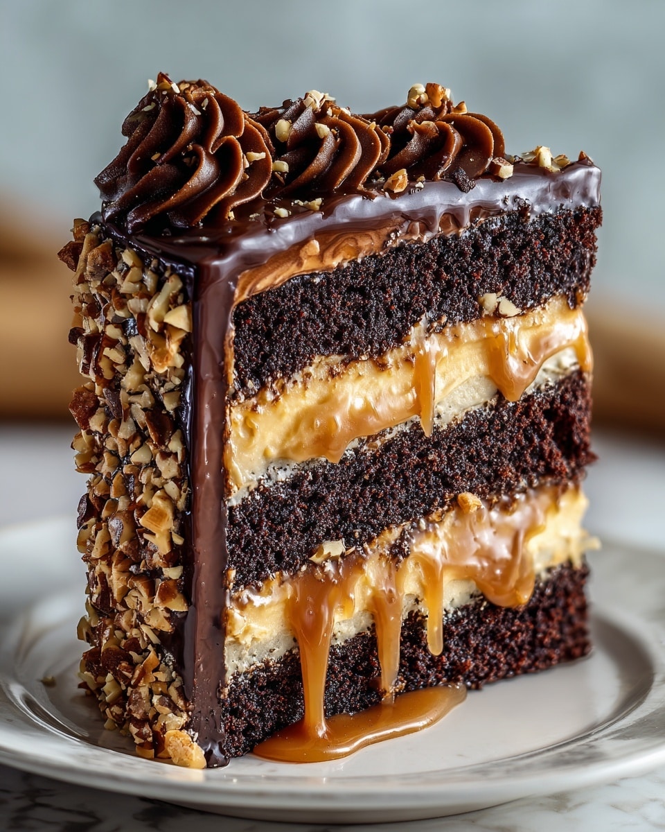 A rich slice of layered cake stands on a white plate on a white marbled texture surface, featuring four thick layers of dark chocolate cake separated by three creamy light caramel-colored filling layers that slightly drip down the sides. The top layer is coated in glossy dark chocolate ganache, which also drips along the edges. Swirls of dark chocolate frosting topped with chopped nuts sit on top, while chopped nuts cover the sides of the cake, adding a crunchy texture against the smooth chocolate and caramel layers. Photo taken with an iphone --ar 4:5 --v 7