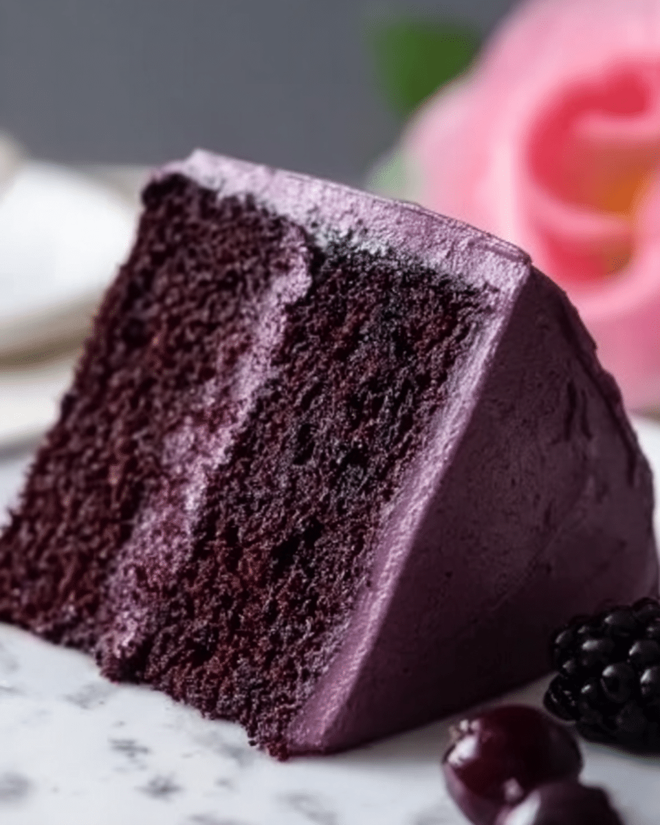 A close-up image of a two-layer dark chocolate cake slice with smooth purple frosting between the layers and covering the outside. The cake texture looks moist and dense, with the purple frosting appearing creamy and slightly glossy. The slice sits on a white marbled surface with a blurred pink flower in the background. In the lower right corner, there are a few dark berries resting next to the cake. photo taken with an iphone --ar 4:5 --v 7