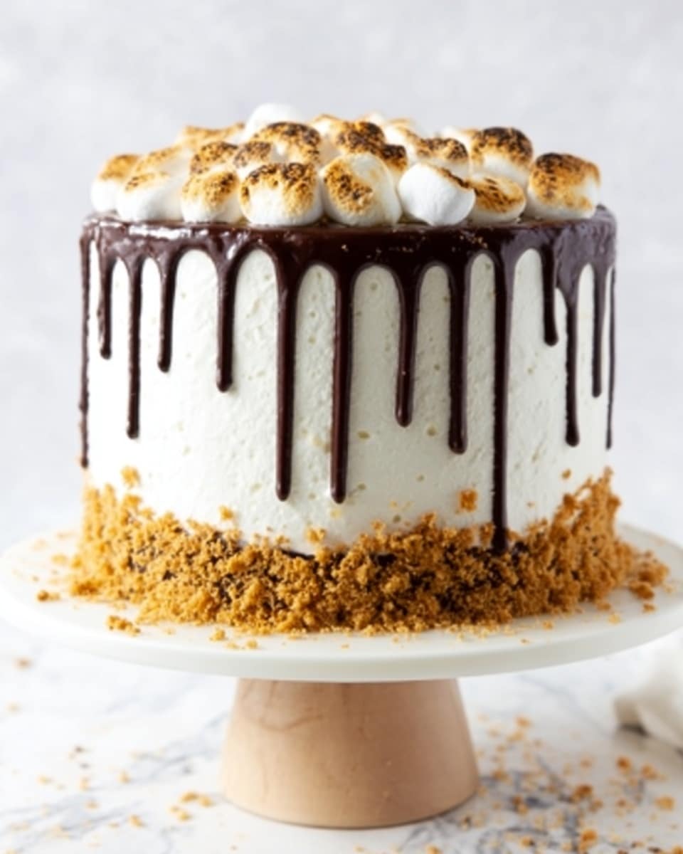 The image shows a tall, round cake with smooth white frosting. On the side near the bottom, there is a thick layer of golden-brown crumbs wrapped around the cake. Above the crumbs, the white frosting is topped with a drizzle of dark chocolate that drips down in thin lines from the top edge. The top of the cake is covered with a layer of small toasted marshmallows with a light brown, slightly burnt color. The cake sits on a simple white cake stand, placed on a white marbled surface. Photo taken with an iphone --ar 4:5 --v 7