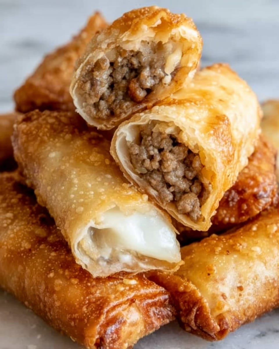 The image shows several golden brown fried spring rolls stacked closely together, with the front one cut open to reveal its filling. Inside, there are two visible layers: a top layer of soft, cooked ground meat in brown color with a crumbly texture, and a bottom layer of melted white cheese that is stringy and smooth. The outer shell is crispy and bubbly, with a crunchy texture and a light golden color. The background is a white marbled texture. photo taken with an iphone --ar 4:5 --v 7
