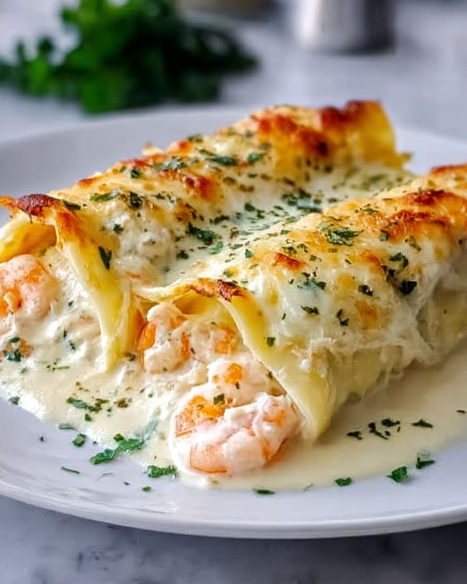 The image shows two cannelloni pasta rolls filled with a creamy white sauce and shrimp pieces, topped with melted golden cheese that has a slightly browned texture. The pasta looks smooth and soft, with some green herbs sprinkled over the top and around the pasta on a white plate, placed on a white marbled surface. The lighting highlights the creamy and cheesy textures, making the dish look rich and fresh. photo taken with an iphone --ar 4:5 --v 7