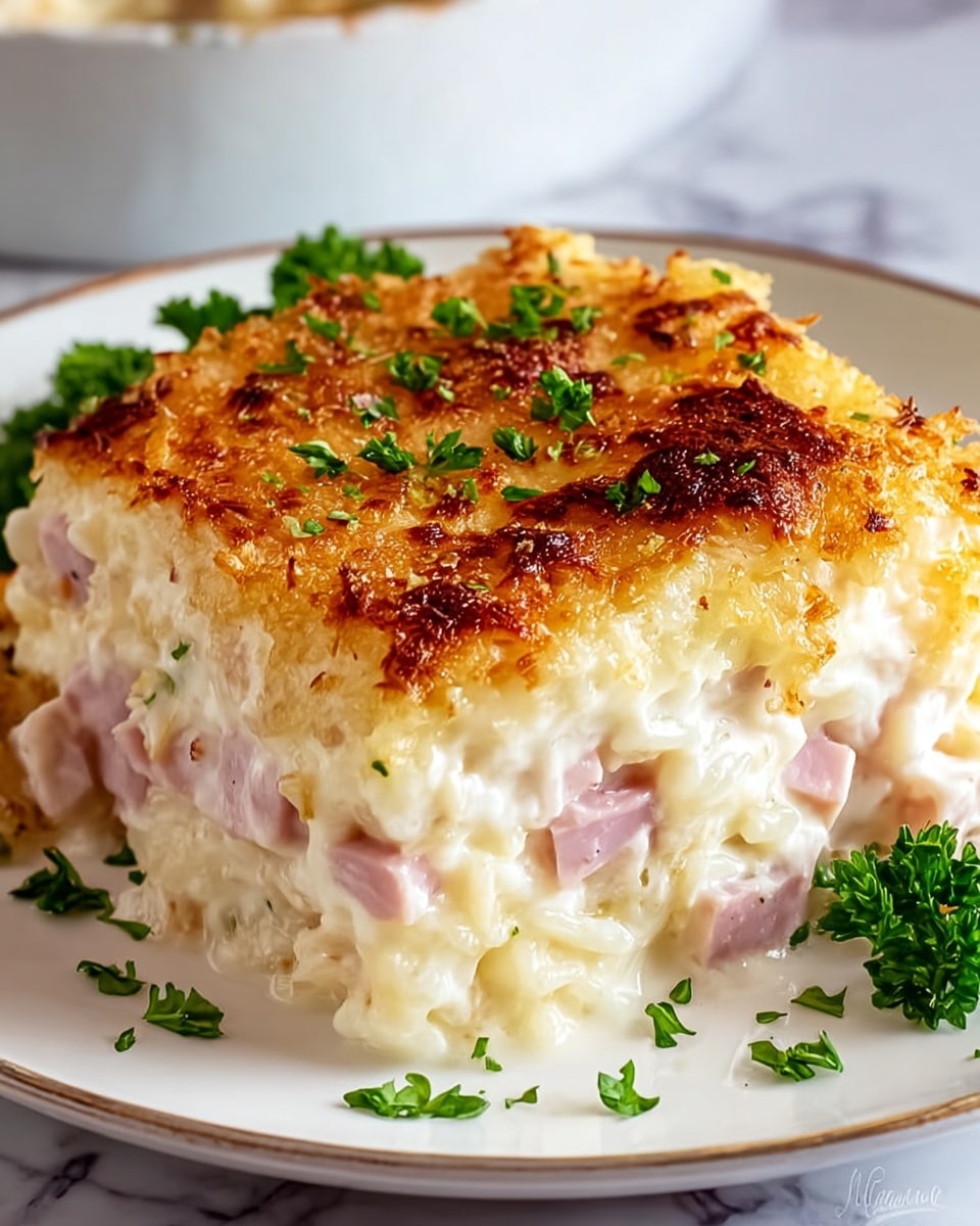 The dish shows a thick slice of creamy casserole with three visible layers; the bottom layer is a smooth white sauce mixed with chunks of light pink ham, the middle layer is a creamy, slightly lumpy white rice or pasta, and the top layer is a crispy golden-brown crust with browned spots and small green parsley pieces sprinkled over it. The casserole sits on a white plate with a simple design, and some more chopped green parsley is placed near the edge for garnish. The background is a white marbled surface. Photo taken with an iphone --ar 4:5 --v 7
