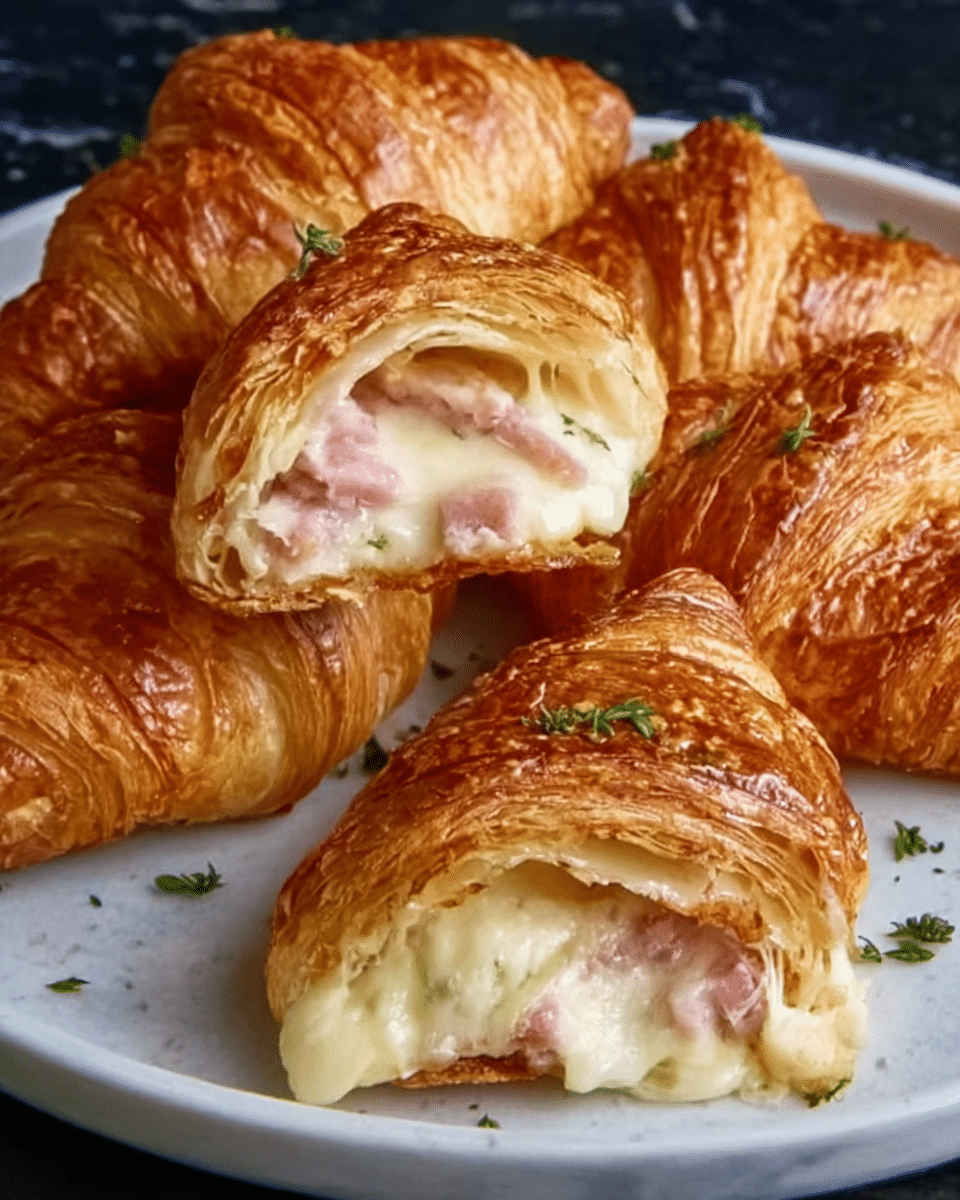 The image shows several golden-brown croissants on a white plate, placed on a white marbled surface. One croissant is broken open, revealing gooey, melted cheese and small chunks of pink ham inside. The croissant layers are flaky and crisp, with a shiny, buttery crust on top. Small green herbs are scattered on the plate around the croissants, adding a fresh touch. The photo taken with an iphone --ar 4:5 --v 7
