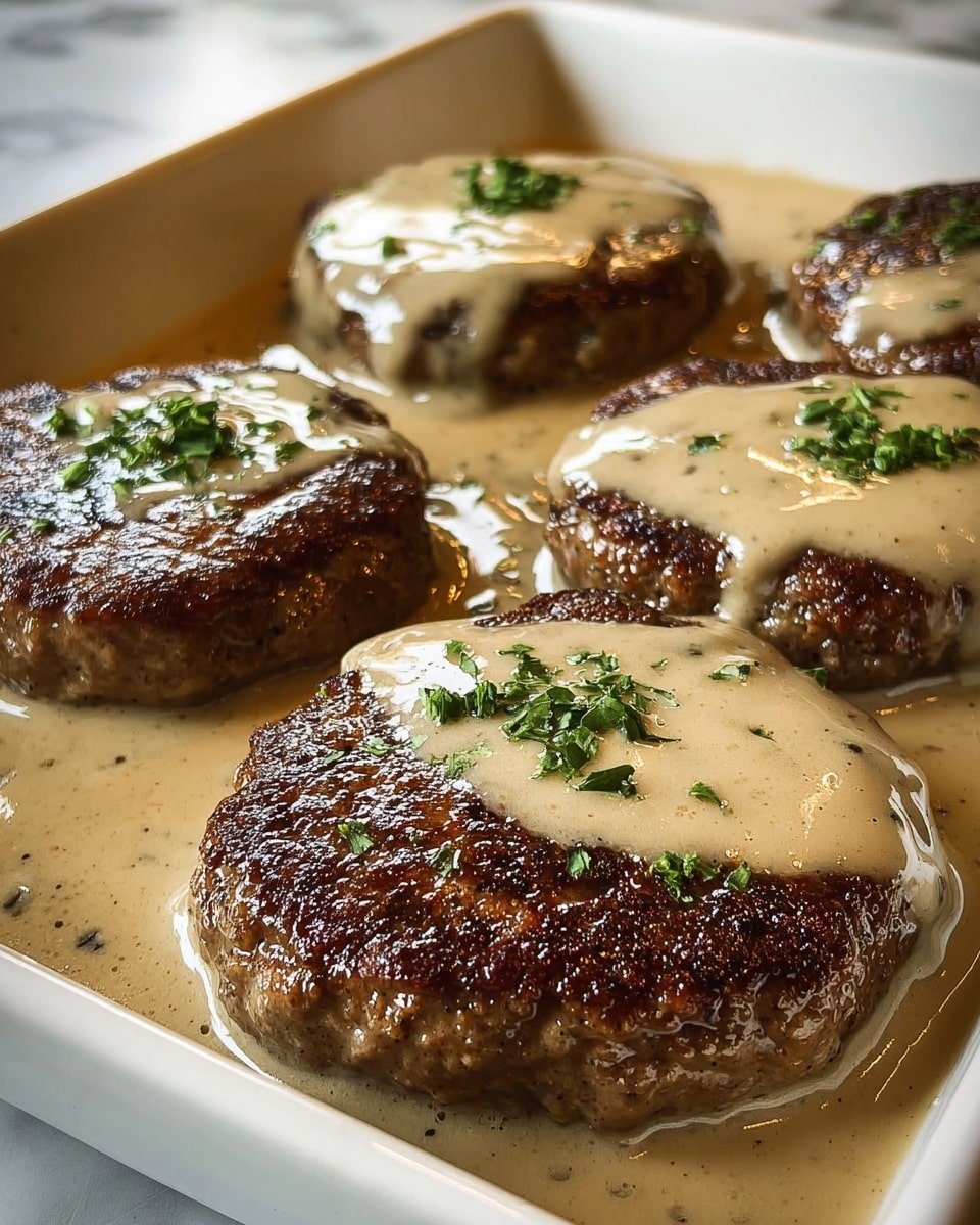 The image shows five thick, round patties with a browned, crispy outside, each covered by a thick layer of smooth, creamy beige gravy. The gravy covers almost the whole surface of the white rectangular dish, pooling around the patties. On top of the gravy and the patties, there are small pieces of green herbs scattered, adding a touch of color. The texture of the patties is slightly rough with grill marks visible under the shiny gravy. The dish is placed on a white marbled surface, and the lighting highlights the glossy texture of the gravy. Photo taken with an iphone --ar 4:5 --v 7