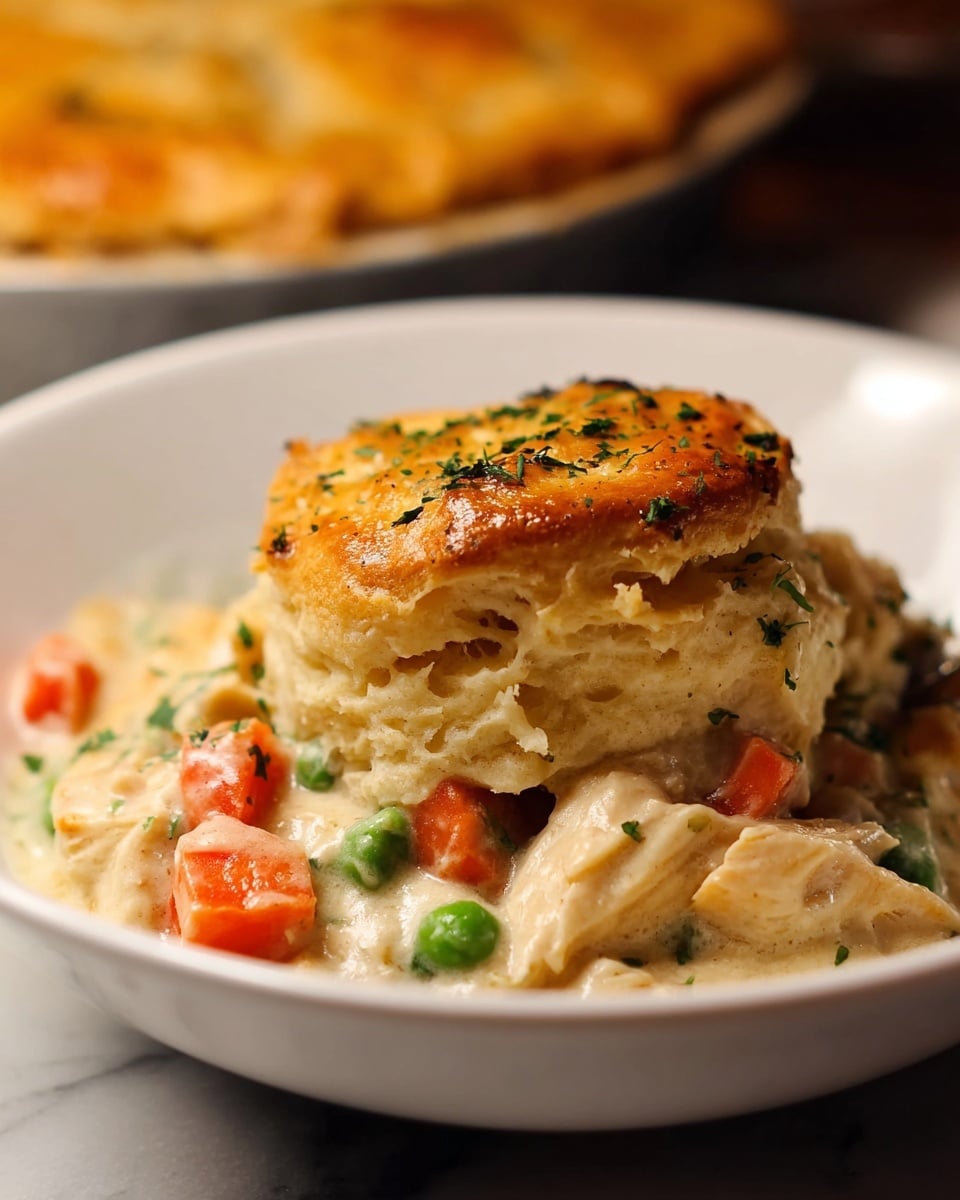 The image shows a close-up of a white bowl filled with a creamy chicken pot pie filling, featuring visible chunks of white chicken meat, bright orange carrot cubes, and green peas. On top sits a thick, golden-brown biscuit with a slightly glossy, flaky crust sprinkled with chopped green herbs. The filling looks smooth and rich, partially soaked into the bottom edge of the biscuit. The background includes a blurred view of a pie dish with a golden crust sitting on a white marbled surface. Photo taken with an iphone --ar 4:5 --v 7