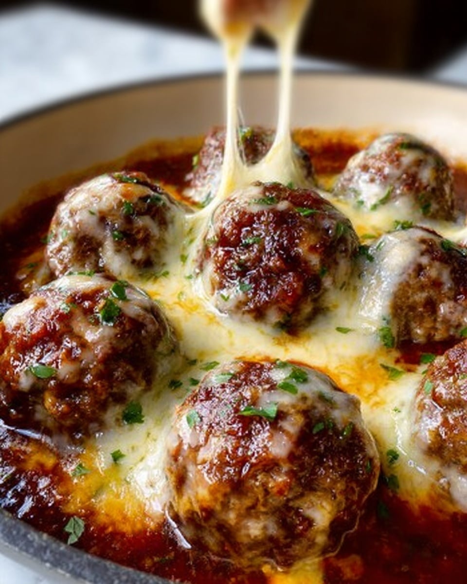 A close-up view of several browned meatballs covered with melted white cheese that stretches between them, sitting in a rich, dark red tomato sauce. Each meatball is sprinkled with small green herb pieces, adding texture and color contrast. The dish is served in a white pan or dish, placed on a white marbled surface. The cheese looks gooey and creamy, blending with the sauce underneath. photo taken with an iphone --ar 4:5 --v 7