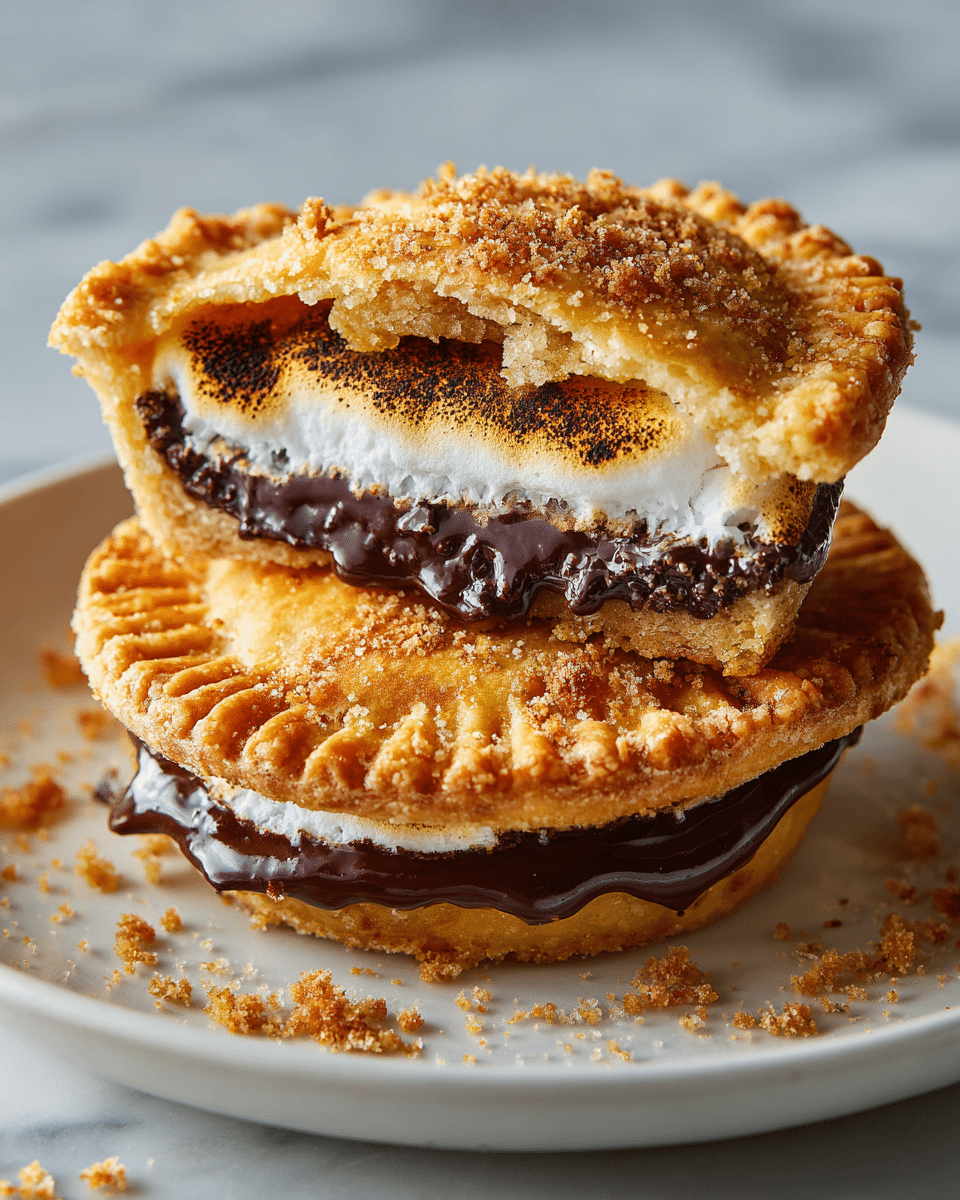 The image shows two round, golden-brown baked hand pies stacked on a white plate with a white marbled background. The top pie is slightly opened to reveal three layers inside: a crispy golden crust on top, a thick layer of toasted white marshmallow in the middle, and a dark, smooth chocolate layer at the bottom. The pies have crimped edges pressed down with a fork, and light brown crumbs are sprinkled over the pies and scattered on the plate. photo taken with an iphone --ar 4:5 --v 7