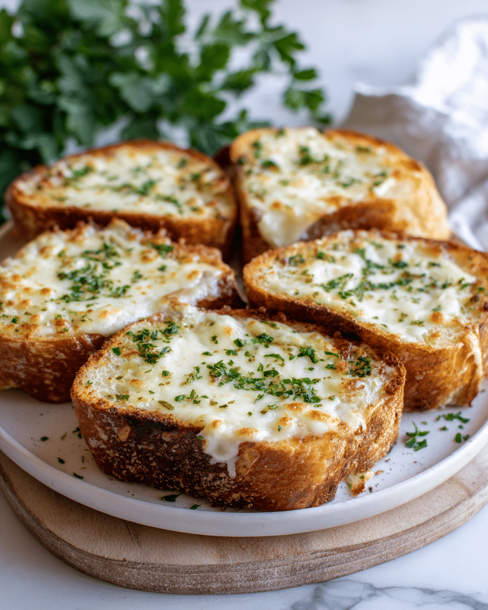 Seven toasted bread slices with a golden-brown crust sit on a round white plate, each topped with a thick layer of melted cheese that is creamy white with golden browned spots. Small green parsley flakes are sprinkled evenly on top of each slice, adding a fresh contrast. The bread has a soft, slightly fluffy texture under the cheese. The plate rests on a light wooden board with a white marbled texture subtle cloth to the side, and green leafy plants are blurred in the background. photo taken with an iphone --ar 4:5 --v 7