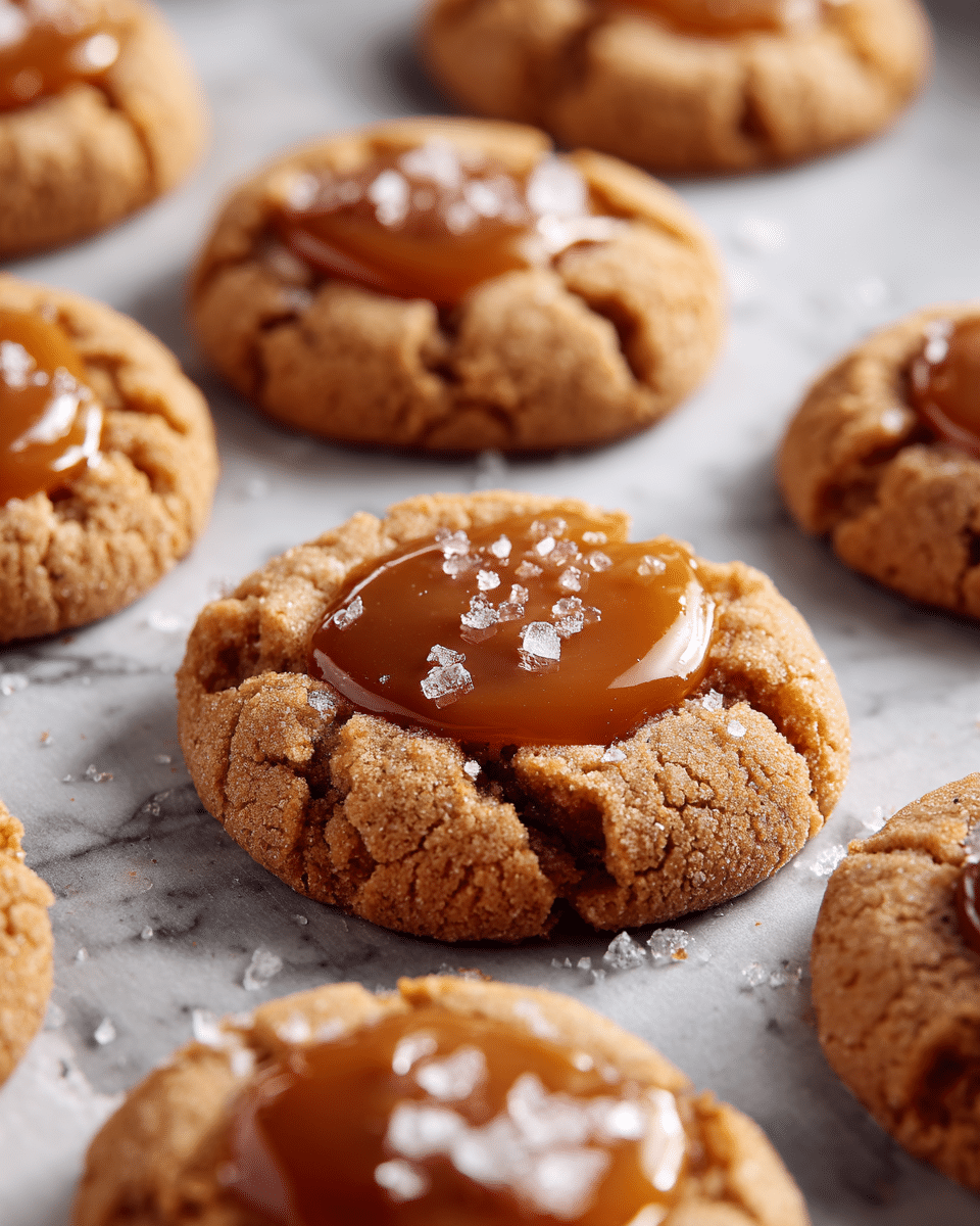 The image shows close-up of soft, golden brown cookies on a baking tray lined with parchment paper, each cookie topped with a glossy caramel dollop in the center sprinkled with coarse sea salt crystals. The cookies have a cracked surface texture that looks chewy and slightly crispy on the edges. In the foreground, one cookie is sharply focused while the others blur softly in the background, all sitting on a white marbled texture. photo taken with an iphone --ar 4:5 --v 7