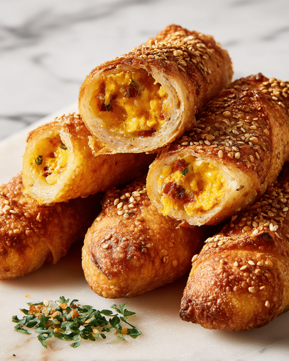 The image shows several golden-brown, crispy rolls placed closely together. Each roll has a crunchy outer layer with light sesame seeds sprinkled on top. The rolls are cut open at one end, revealing a creamy, orange-yellow filling mixed with small bits of red and green ingredients, giving a contrast of colors. The texture inside looks smooth and cheesy with some chunks. The rolls lie on a white marbled surface, with a small piece of green garnish nearby. Photo taken with an iphone --ar 4:5 --v 7
