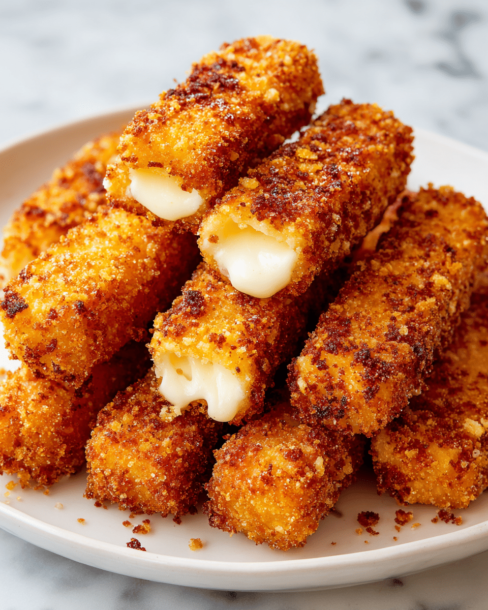 The image shows a white plate filled with several golden-brown, crispy fried mozzarella sticks stacked in a pile. Each mozzarella stick has a rough, crunchy coating with small crumb bits visible, and the melted cheese inside is slightly oozing out at the ends. The texture of the breading looks crunchy and uneven. The plate is placed on a white marbled surface, and the focus is mainly on the close-up view of the fried sticks, highlighting their rich color and crispy texture. photo taken with an iphone --ar 4:5 --v 7