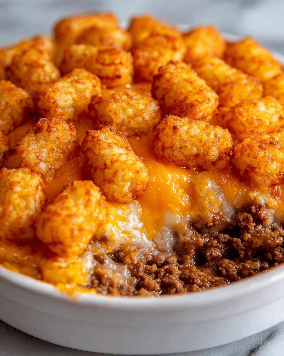A close-up of a white round dish filled with a layered tater tot casserole. The bottom layer is made of cooked ground beef, rich brown in color and crumbly in texture. On top of the beef is a melted cheddar cheese layer, bright orange and gooey. The top layer is a thick, even cover of golden brown tater tots, crispy and well-baked, with some tater tots darker in color from baking. The dish sits on a white marbled surface. photo taken with an iphone --ar 4:5 --v 7