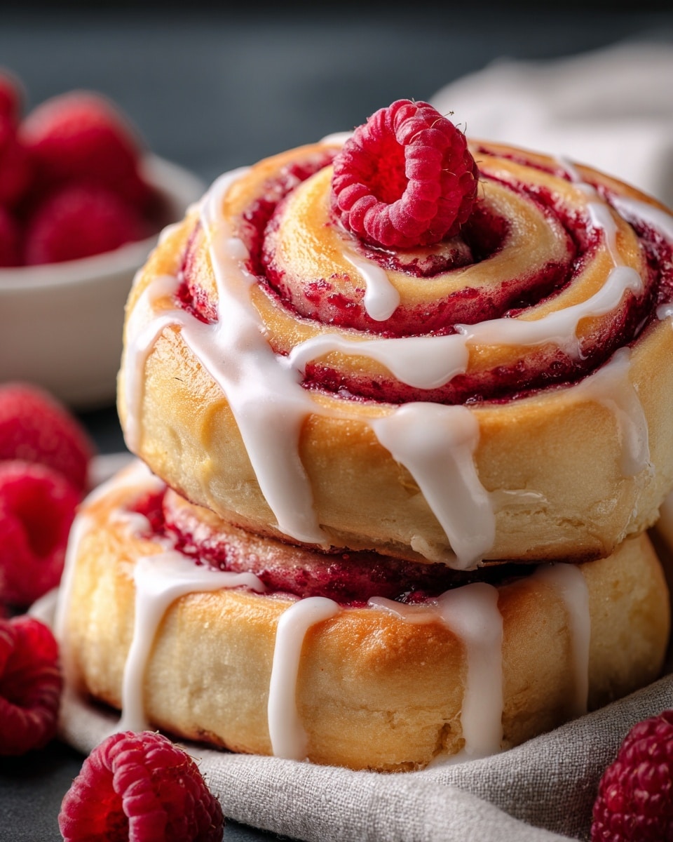 Two thick golden brown raspberry rolls are stacked on top of each other, showing clear spiral layers of soft dough and bright red raspberry filling. White icing drips down the sides, adding a shiny, smooth texture that contrasts with the juicy raspberry layers. On the top roll, a fresh red raspberry sits in the center, adding a pop of color and freshness. In the background, more raspberries are scattered, with a white marbled surface beneath and a soft cloth around the rolls. photo taken with an iphone --ar 4:5 --v 7