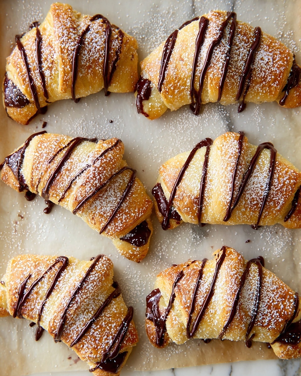 The image shows six golden-brown crescent rolls arranged in two rows of three on parchment paper over a white marbled surface. Each crescent roll is filled with dark, melted chocolate that peeks out from the ends, with a shiny drizzle of more melted chocolate sweeping across the top of each roll in a zigzag pattern. Light dusting of powdered sugar is sprinkled evenly over all the rolls and the surface, adding a soft white contrast against the rich browns and golden hues. The crescent rolls have a flaky, slightly textured crust that looks freshly baked. photo taken with an iphone --ar 4:5 --v 7