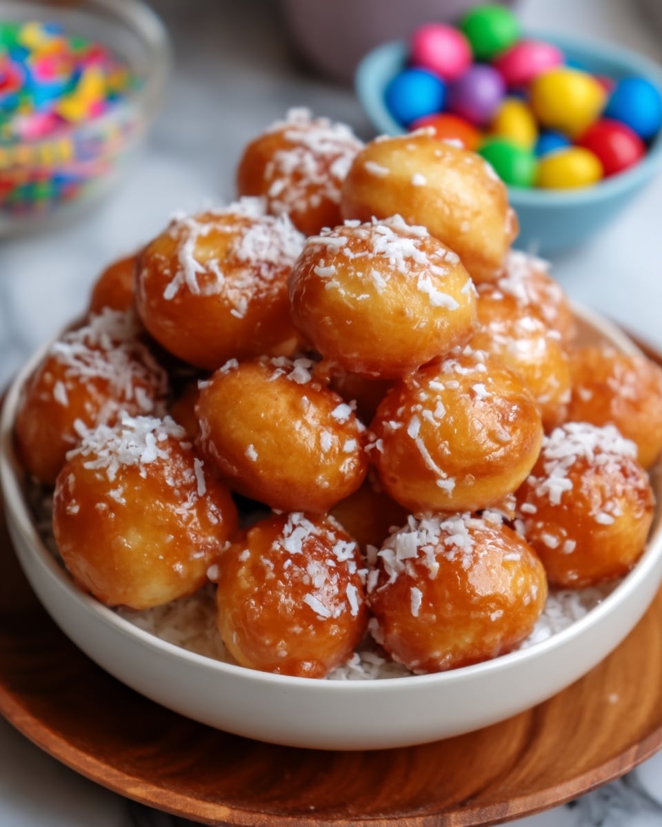 A white bowl filled with small round golden-brown doughnut holes, stacked in layers. Each doughnut hole is shiny with a light glaze and sprinkled with white shredded coconut on top, creating a textured contrast. The bowl sits on a wooden plate with colorful candy-coated chocolates blurred in the background and a white marbled surface underneath. The focus is sharp on the doughnuts, making them look soft and fresh. photo taken with an iphone --ar 4:5 --v 7