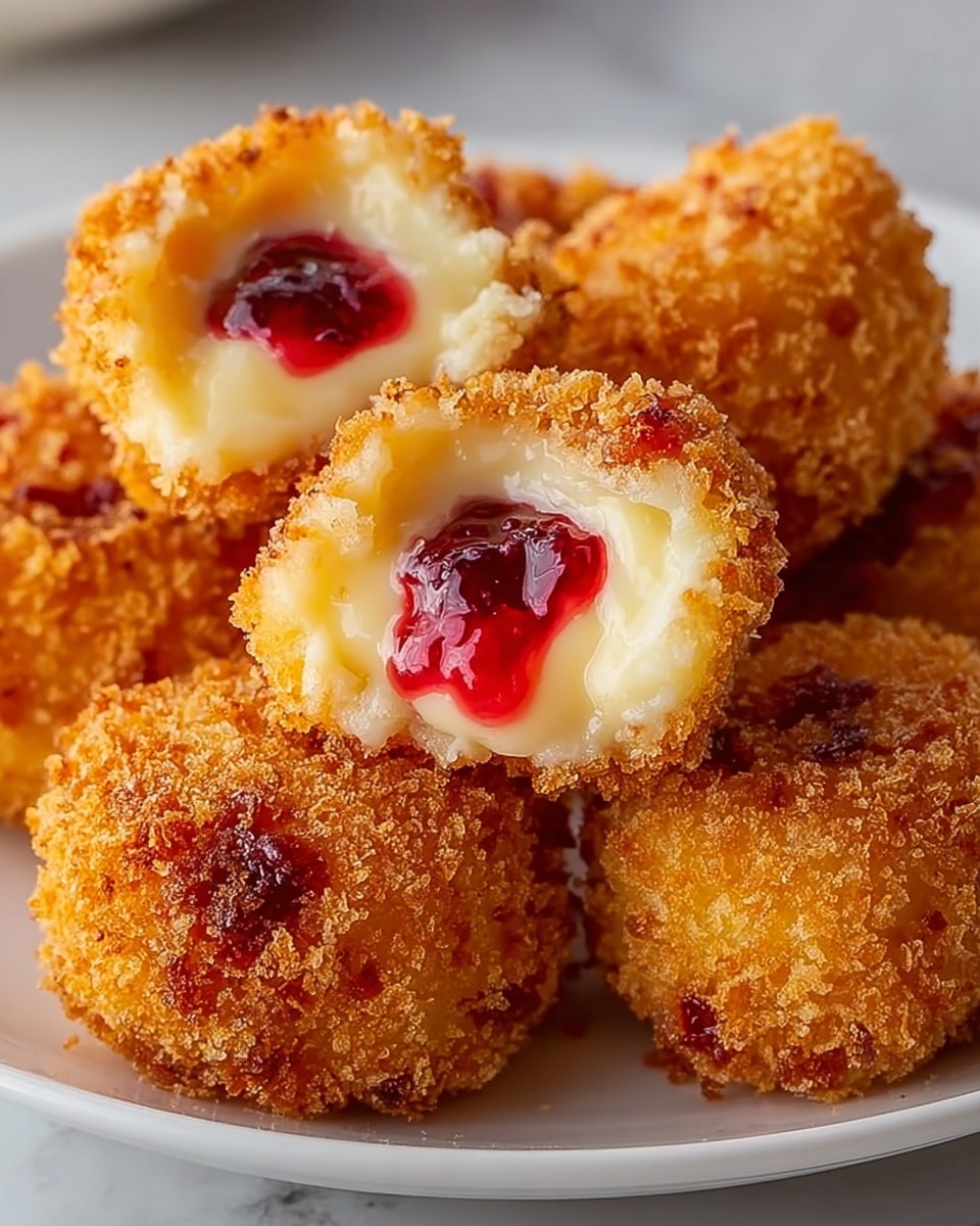 A close-up of several small, round, deep-fried golden brown croquettes stacked on a white plate set on a white marbled surface, each with a rough textured crispy outer layer; two croquettes are broken open to show a smooth, creamy pale yellow inside filled with bright red, slightly glossy berry jam in the center, creating a striking contrast of colors and textures. photo taken with an iphone --ar 4:5 --v 7