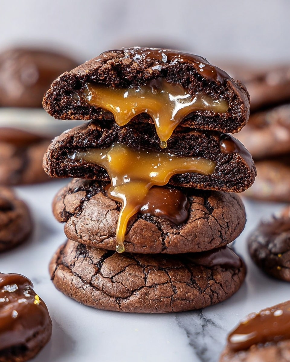 A stack of four thick chocolate cookies is shown, each broken in half to reveal gooey caramel inside. The cookies have a dark brown, cracked outer layer and look soft on the inside. The caramel is a shiny golden color, slowly dripping between the layers, adding a rich, sticky texture. In the blurred background, more whole cookies are scattered on a white marbled surface, showing a smooth, shiny top with melted chocolate spots. photo taken with an iphone --ar 4:5 --v 7