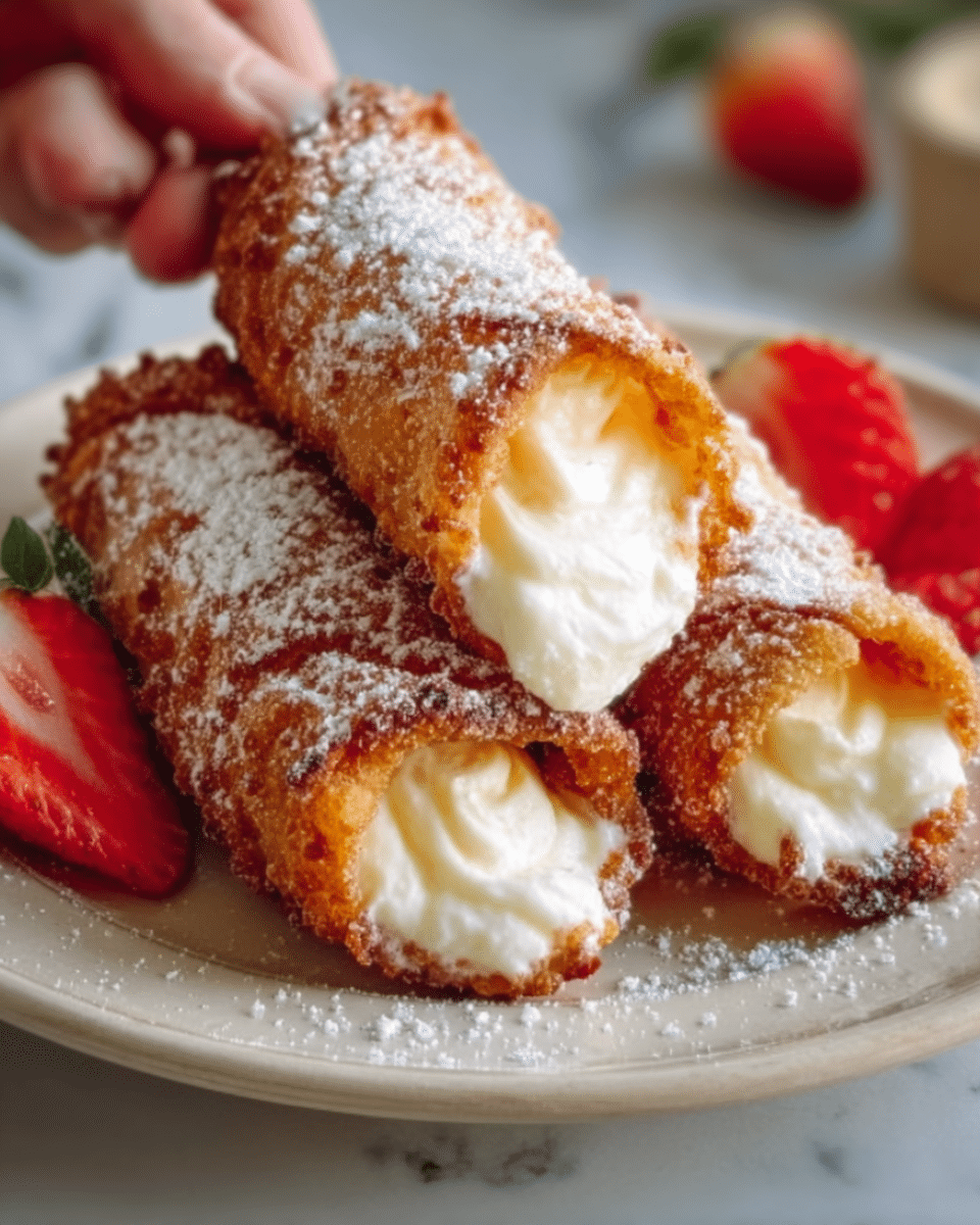 The image shows three crispy, golden-brown rolled pastries filled with creamy white cheese, arranged closely on a white plate. Each roll is coated in a crunchy layer with visible sugar crystals and dusted lightly with powdered sugar, adding a soft white texture on top. The pastries have a textured, fried outer shell, some parts slightly darker brown with rough edges. Fresh red strawberry slices sit beside the rolls, adding bright color contrast. The white plate rests on a white marbled surface, giving a clean and simple background. A woman's hand is gently holding one of the rolls. Photo taken with an iphone --ar 4:5 --v 7