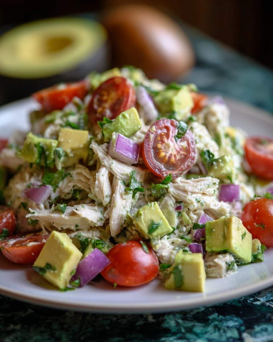 A white plate holds a colorful, fresh chicken salad. The base layer is shredded white chicken mixed with small green herb bits. On top are chunks of bright green avocado and halved red cherry tomatoes. There are also small cubes of purple onion scattered throughout, adding a sharp contrast. The textures vary from soft chicken and avocado to crisp tomatoes and onion pieces. The plate sits on a white marbled surface with blurred green and brown natural tones in the background. Photo taken with an iphone --ar 4:5 --v 7