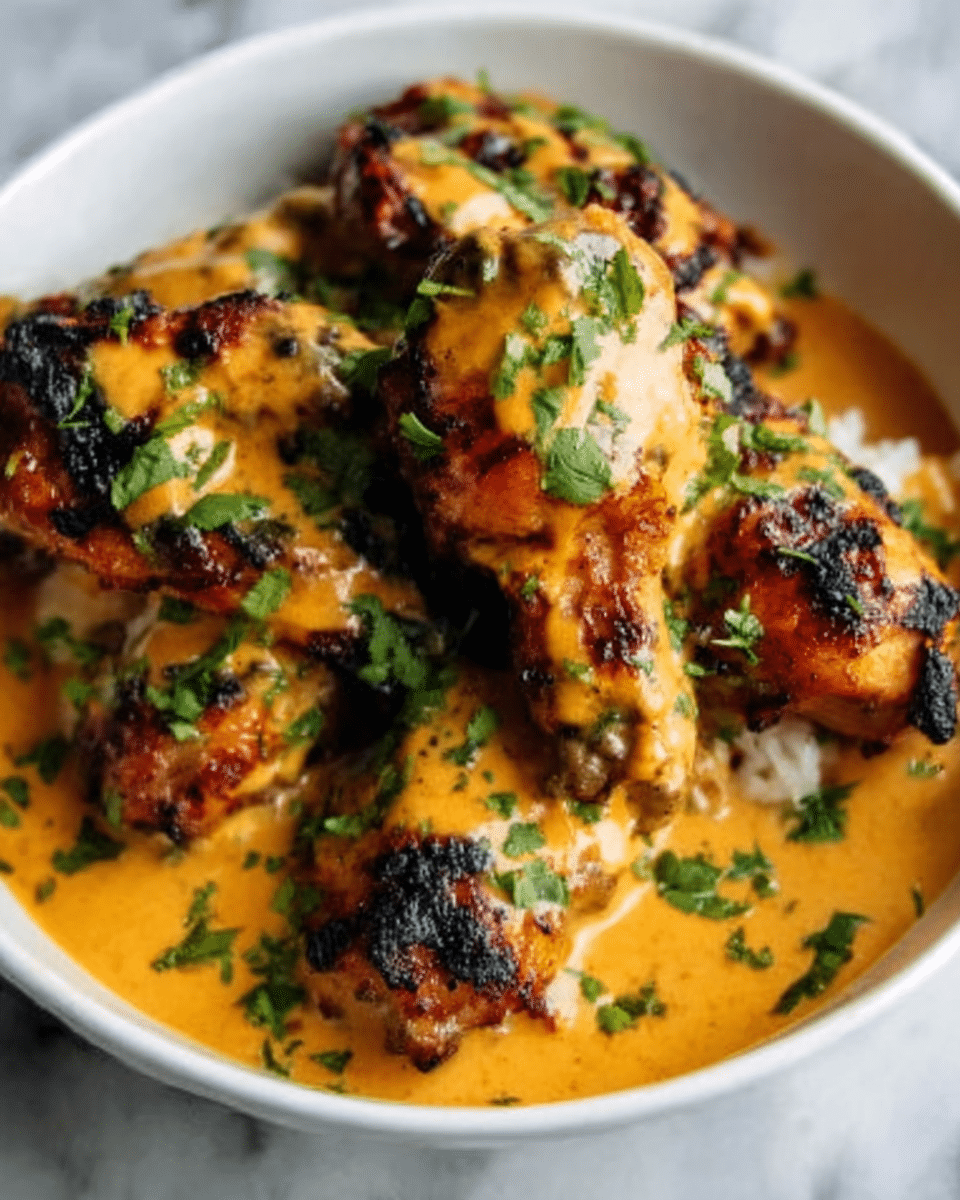 The image shows a white bowl filled with grilled chicken wings covered in a creamy orange sauce, garnished with fresh green herbs sprinkled on top. The chicken looks crispy with char marks, and the sauce adds a smooth, shiny layer over the wings. The bowl is placed on a white marbled surface, adding a clean and bright background to the dish. Photo taken with an iphone --ar 4:5 --v 7