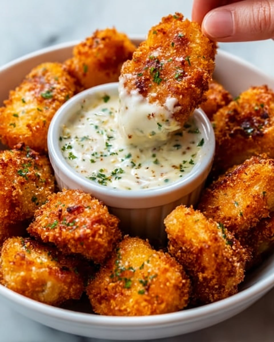 The image shows a white bowl filled with golden-brown fried chicken nuggets. In the center of the bowl is a small white ramekin with a creamy white sauce that has green herbs mixed in. Several chicken nuggets are dipped in the sauce, showing the creamy texture on the crispy surface. The nuggets have a crunchy texture with some rough, uneven edges and golden spots. The bowl is placed on a white marbled surface. A woman's hand is seen holding one nugget dipped in the sauce. Photo taken with an iphone --ar 4:5 --v 7