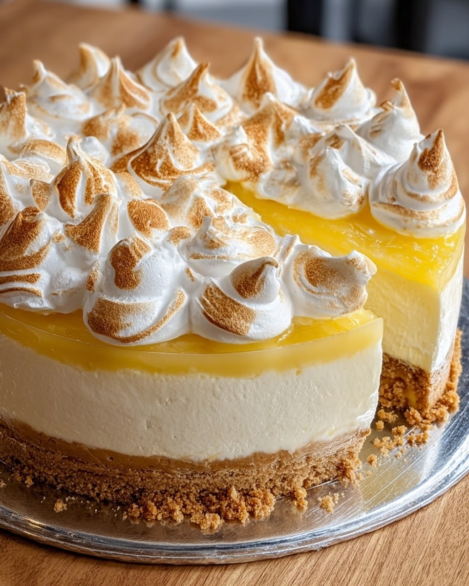 The image shows a round, no-bake lemon meringue cheesecake with three clear layers. The bottom layer is a crumbly, golden-brown biscuit crust. The middle layer is a thick, smooth, creamy white cheesecake filling, slightly soft in texture. The top layer is a glossy, bright yellow lemon curd spread evenly over the cheesecake. The cheesecake is decorated around the edge with large, fluffy meringue peaks that are toasted golden brown on their tops and white on their sides. The cheesecake sits on a shiny silver cake board, placed on a wooden surface, with a scoop taken out showing the inside layers clearly. Photo taken with an iphone --ar 4:5 --v 7