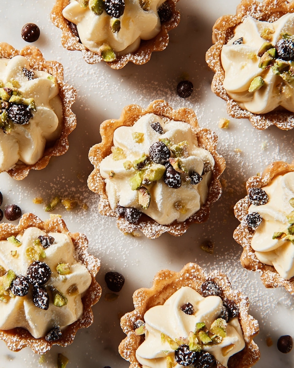 The image shows several small tartlets arranged closely on a white marbled surface, each with a crisp, golden-brown crust that has a ruffled edge. Inside each tartlet is a creamy, pale ivory filling piped in decorative flower-like shapes, topped with either small dark chocolate chips or chopped green pistachios. There is a light dusting of powdered sugar scattered across the tartlets and the surface, with a few extra chocolate chips and pistachio pieces scattered around for added texture. The lighting highlights the crunchy texture of the crust and the smooth creaminess of the filling, giving a fresh and inviting look. photo taken with an iphone --ar 4:5 --v 7