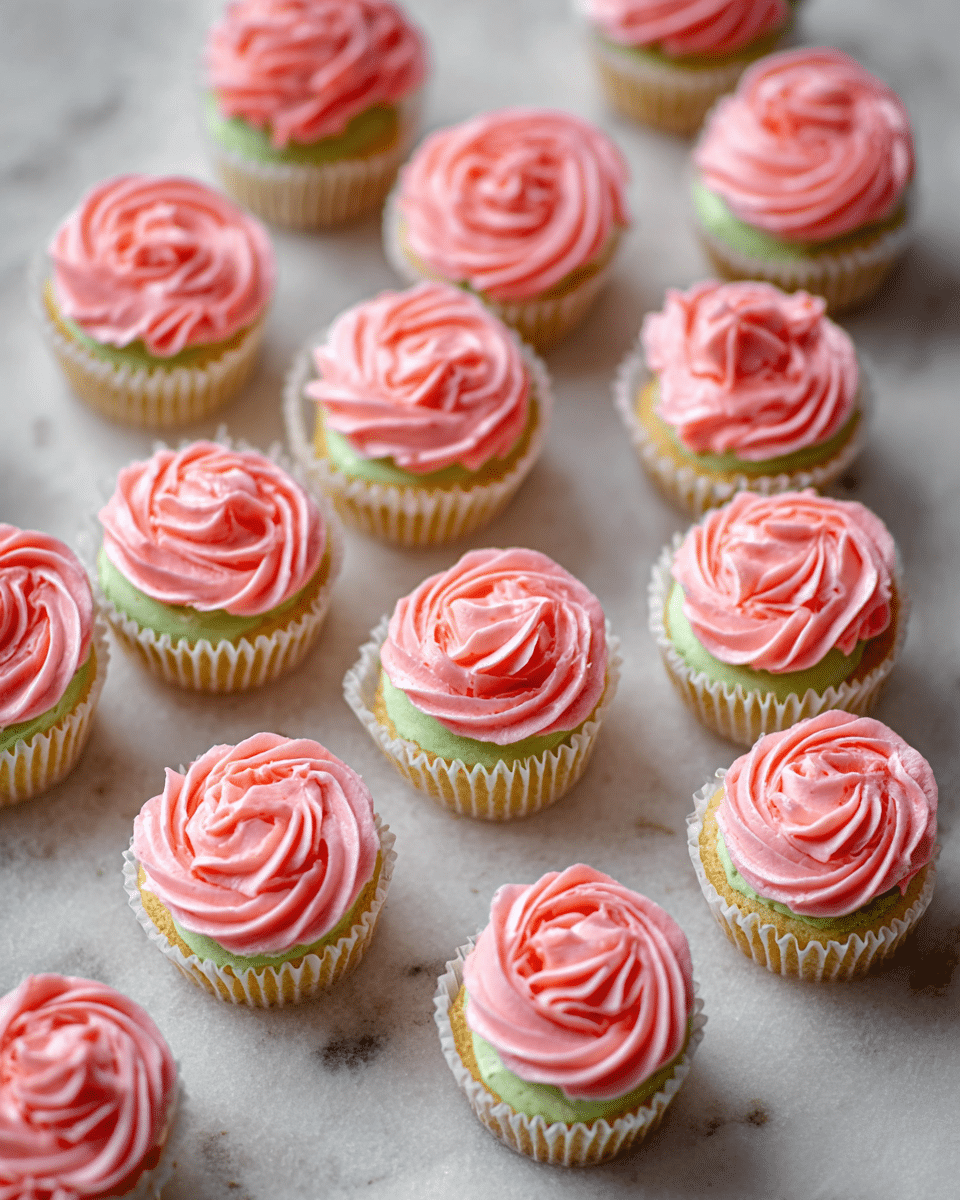 The image shows many small cupcakes arranged randomly on a white marbled surface. Each cupcake has one layer of light green cake at the bottom and one thick layer of swirled pink frosting on top, shaped like roses with soft and smooth texture. The cupcakes are in white paper liners that flare out slightly, making the pink frosting and green cake stand out bright against the clean background. Photo taken with an iphone --ar 4:5 --v 7