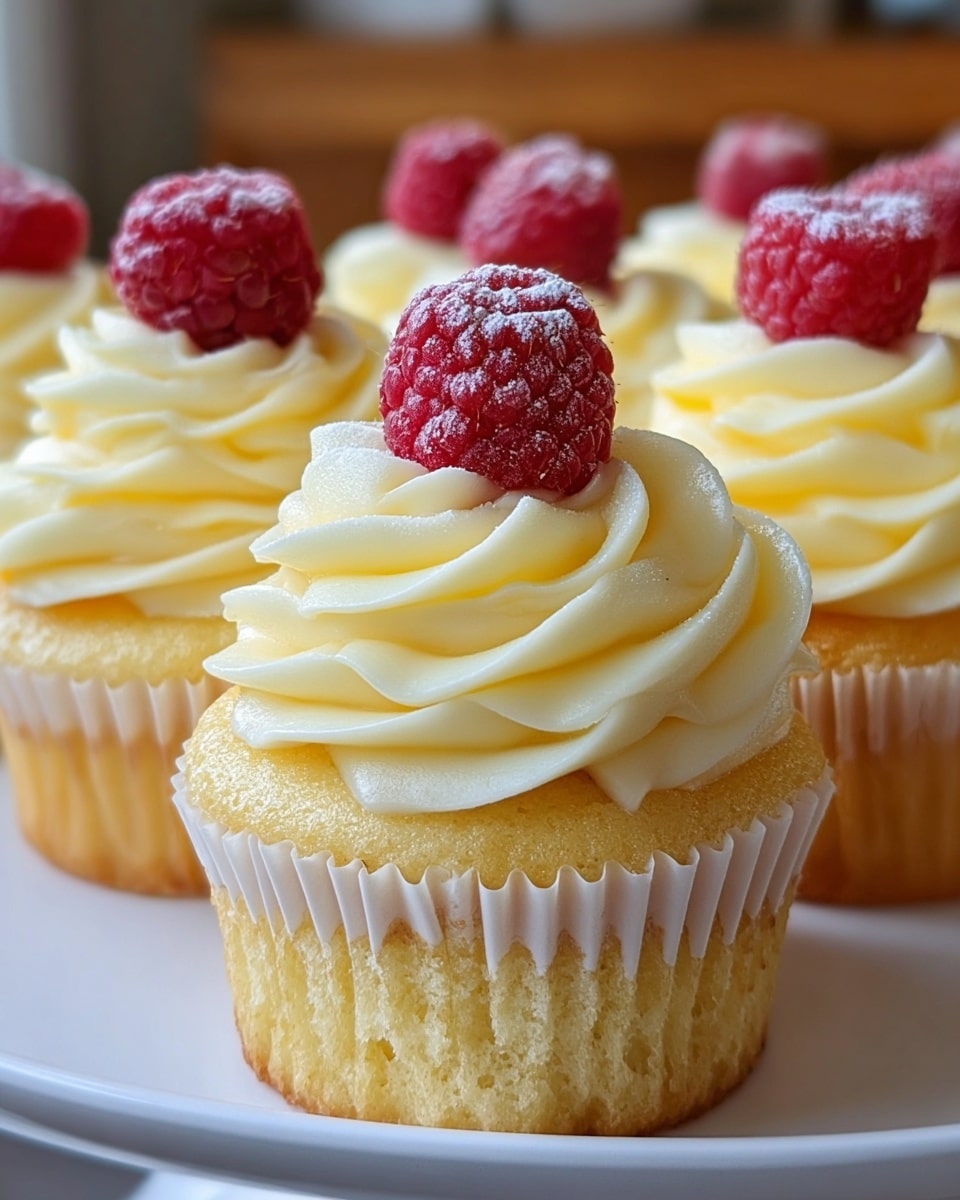 The image shows several vanilla cupcakes on a white plate with a white marbled texture underneath. Each cupcake has three layers: the bottom layer is a golden yellow cake with a soft, fluffy texture, wrapped in a white paper liner; the middle layer is thick, creamy pale yellow frosting swirled in elegant, smooth waves covering the top; the top layer is a fresh, bright red raspberry, slightly dusted with powdered sugar, placed gently at the center of the frosting. The cupcakes are closely arranged, with a blurred background of a wooden setting. photo taken with an iphone --ar 4:5 --v 7