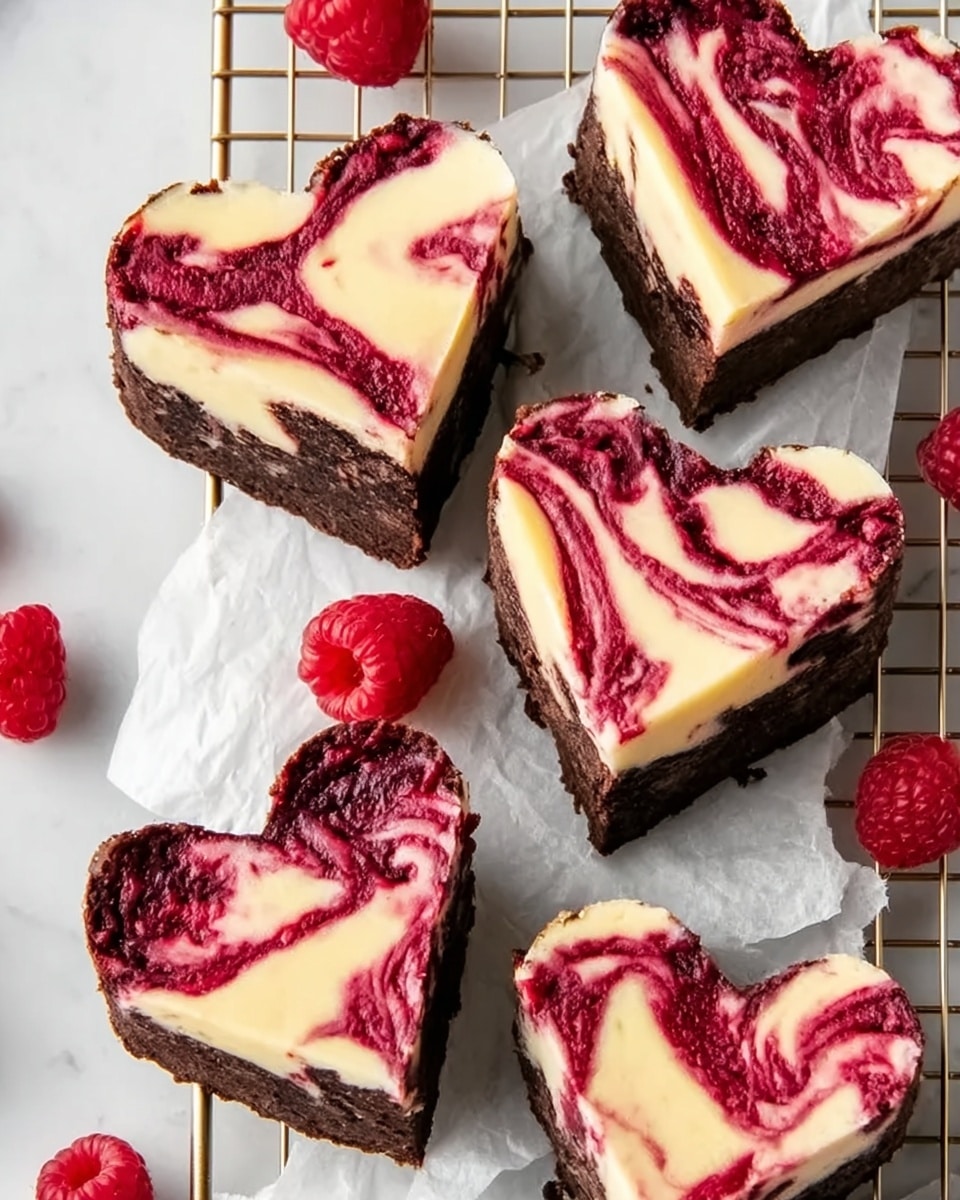 Four heart-shaped cheesecake brownies sit on white parchment paper over a gold cooling rack, placed on a white marbled surface. Each brownie has two distinct layers: a rich dark brown chocolate brownie base and a creamy ivory cheesecake layer on top, which is swirled with bright red raspberry sauce creating a marbled effect. Fresh whole raspberries are scattered around the cooling rack and on the white marbled background, adding bright red pops of color to the scene. photo taken with an iphone --ar 4:5 --v 7