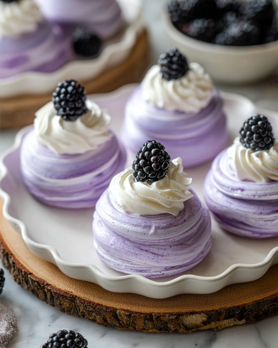 The image shows five small, round purple meringue nests with a soft swirl pattern, each topped with a swirl of white cream and two or one blackberries placed at the center. The meringues have a light lavender color with slight darker purple streaks, creating a smooth, airy texture. They are arranged on a white scalloped-edge plate, which sits on a rough, round wooden board. The background features a white marbled surface with scattered blackberries in a blurred bowl. The light highlights the texture and colors, making the dessert look fresh and delicate. Photo taken with an iphone --ar 4:5 --v 7