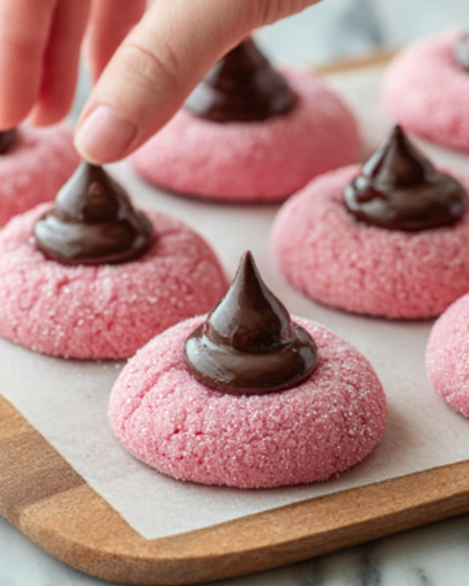 The image shows several pink cookies placed on white parchment paper on a wooden board. Each cookie is round with a smooth, powdery pink surface. On top of every cookie, there is a dark brown, shiny chocolate piece shaped like a small cone or kiss, sitting in the center. The background is a white marbled texture, and a woman's hand is gently touching one cookie on the left side of the image. photo taken with an iphone --ar 4:5 --v 7
