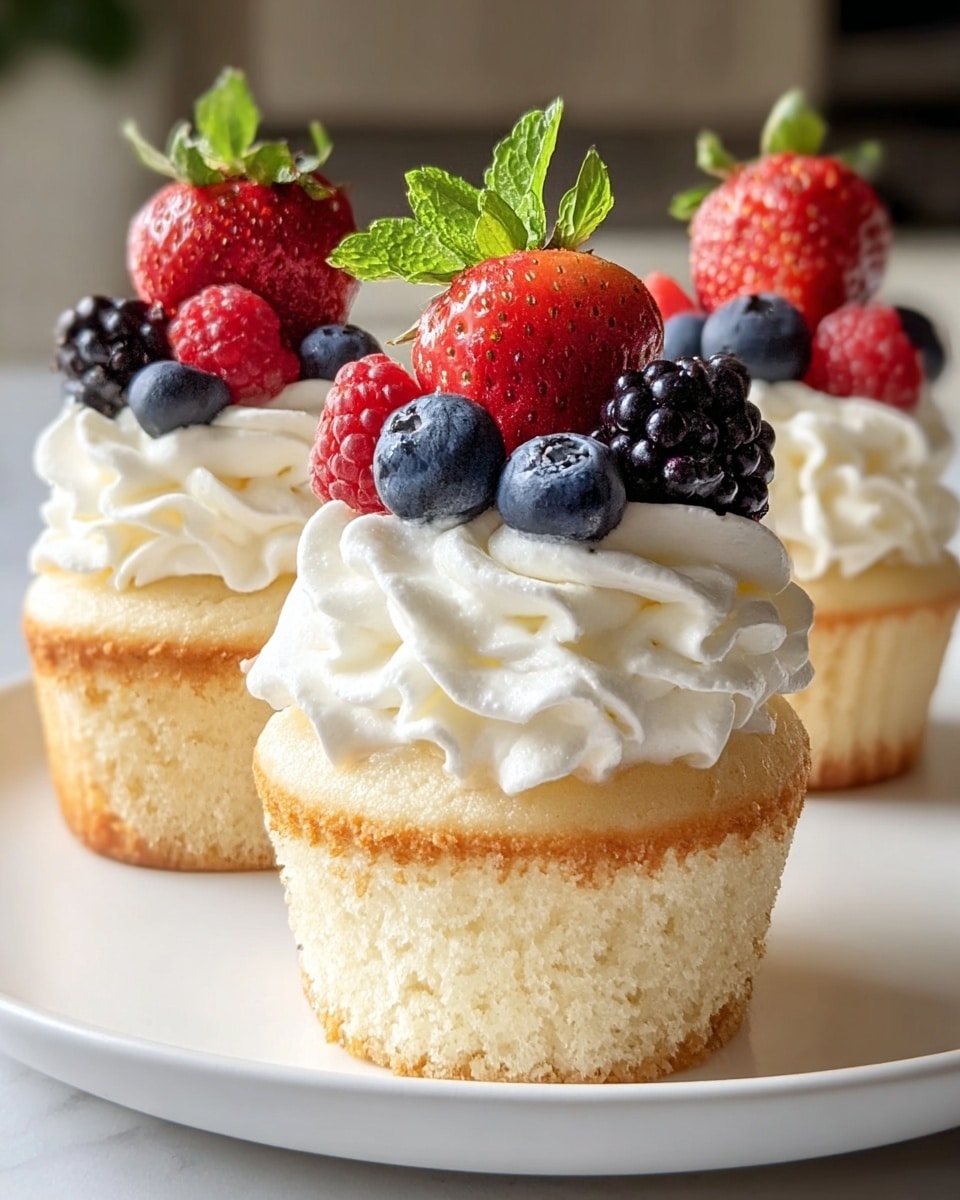 The image shows three vanilla cupcakes on a white plate with a white marbled surface. Each cupcake has a spongy, light golden-brown bottom layer with soft, fluffy texture. On top of the sponge is a thick swirl of white whipped cream, with a smooth and creamy texture, topped with fresh berries including bright red strawberries, dark blue blueberries, and black blackberries, and a small green mint leaf for garnish. The focus is on the front cupcake with the two others blurred in the background, and the setting looks like a kitchen. photo taken with an iphone --ar 4:5 --v 7