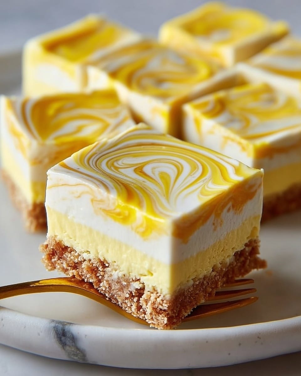 A square piece of dessert with three layers is shown on a white plate with a white marbled texture. The bottom layer is a brown crumbly crust, the middle layer is a smooth and creamy pale yellow filling, and the top layer is a swirl of white and bright yellow cream, creating a marbled look with soft, wavy patterns. The dessert is cut into even squares, with one piece held by a fork, showing the textured crust and smooth creamy layers clearly. The lighting highlights the creamy texture and the vibrant yellow color. Photo taken with an iphone --ar 4:5 --v 7