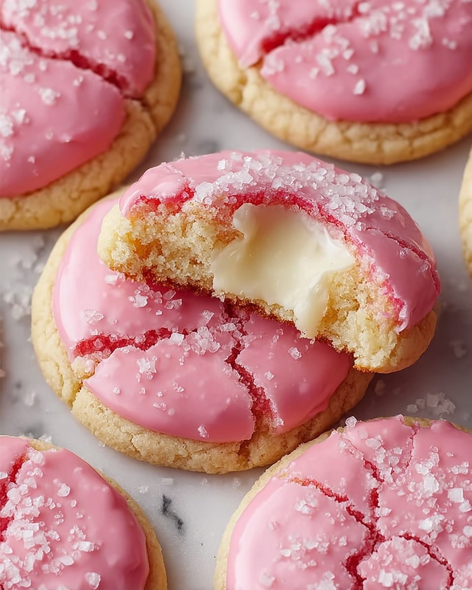 A close-up view of round cookies on a white marbled texture, each cookie having a base layer of soft, light beige dough. On top of the base is a smooth, thick pink icing layer with cracks running through it, showing a slightly darker pink ring underneath. The center of one cookie is bitten, revealing a creamy white filling with a smooth texture inside. The cookies are sprinkled with coarse white sugar crystals that catch the light. photo taken with an iphone --ar 4:5 --v 7