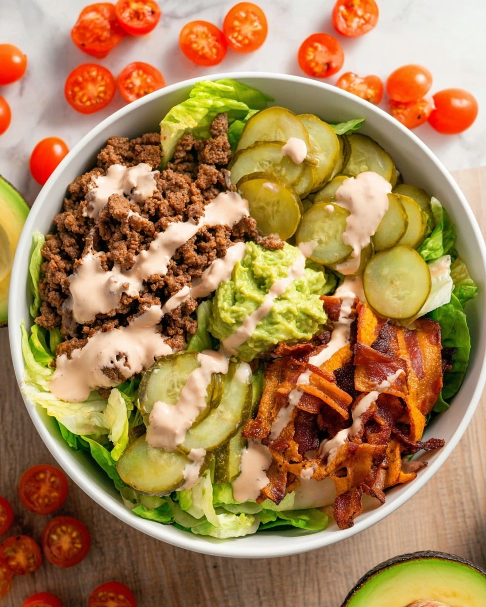 A white bowl filled with a fresh salad showing multiple layers, starting with a base of green lettuce and halved cherry tomatoes scattered around. On top, there is a layer of cooked ground beef that is brown and crumbly, followed by slices of light green pickles arranged on one side. Next to the pickles, there is a mound of bright green guacamole with a chunky texture. On the opposite side, crispy brownish-orange bacon strips sit alongside sautéed onions that are light brown with slightly translucent edges. The whole salad is drizzled with creamy, pale pink dressing. The bowl is placed on a white marbled surface with halved cherry tomatoes and halved avocados surrounding it. Photo taken with an iphone --ar 4:5 --v 7