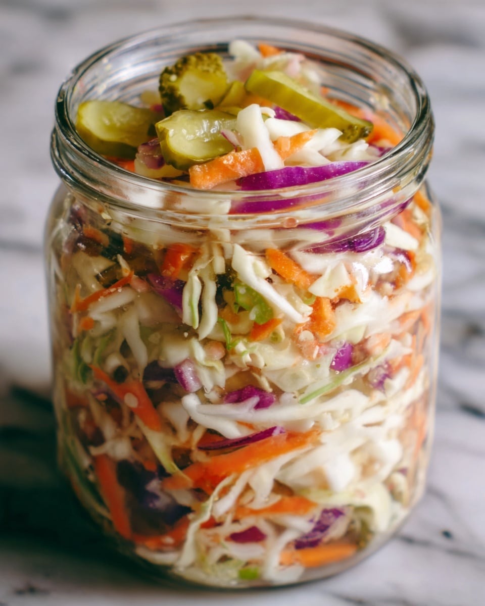 A clear glass jar filled with a layered salad shows a base of shredded white cabbage mixed with thin orange carrot strips and small bits of purple onion. On top, thin slices of light green pickles add texture. The vegetables look fresh and moist, with a slight shine from dressing. The jar is placed on a white marbled surface, and the focus is close, capturing the mixed colors and textures inside the jar. Photo taken with an iphone --ar 4:5 --v 7