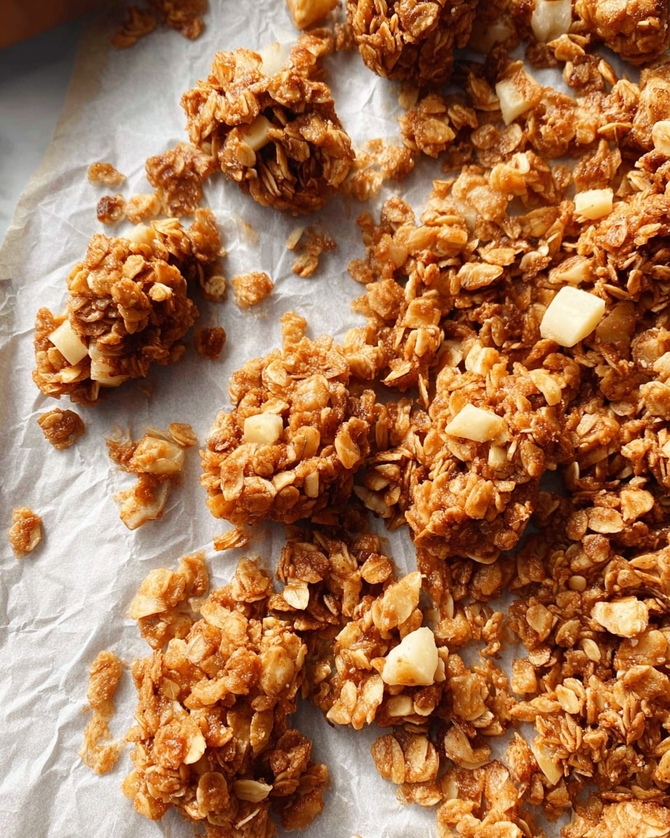 A close-up top view of clusters of golden-brown granola with a rough, crunchy texture scattered over a sheet of crinkled white parchment paper on a white marbled surface. The granola clusters are irregular in shape and size, showing oats and small chunks of nuts or possibly dried fruit, with a few little white cube pieces mixed in. The lighting highlights the toasted, crispy edges and varied textures. Photo taken with an iphone --ar 4:5 --v 7