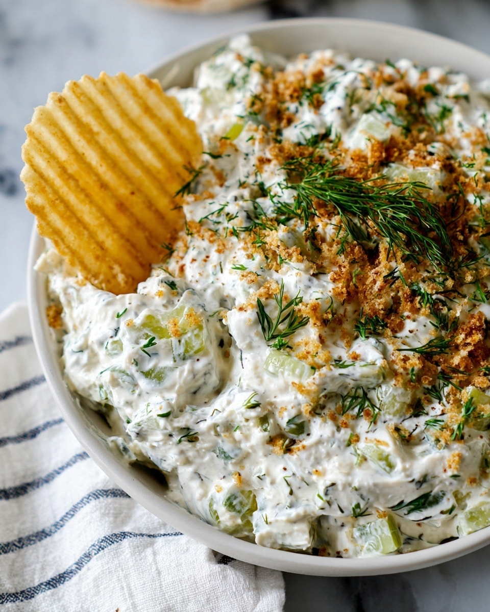 A white plate holds a creamy dip made of thick white cream mixed with small light green pickle pieces, finely chopped fresh green herbs, and bits of dark green dill scattered throughout. The dip's surface is textured with small chunks and topped with a light sprinkling of brown crispy crumbs and more fresh green herbs. A pale yellow crinkle-cut chip is dipped into the creamy mixture near the edge of the plate. The plate rests on a white marbled surface with part of a striped white cloth visible nearby. Photo taken with an iphone --ar 4:5 --v 7