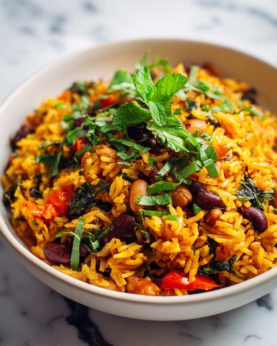 A close-up view of a bowl filled with a layered rice dish showing three main layers: a base of orange-yellow cooked rice mixed with small red and yellow bell pepper pieces and light brown beans, followed by a middle layer of finely chopped dark green leafy herbs scattered throughout, and topped with more whole light brown beans and bright green fresh herbs as garnish; the dish is served in a white bowl placed against a white marbled background. photo taken with an iphone --ar 4:5 --v 7