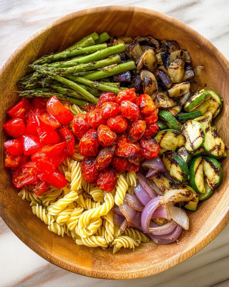 A wooden bowl filled with a colorful pasta salad, showing one layer of light yellow spiral pasta at the bottom, topped with five sections of grilled vegetables each occupying a part of the bowl: green grilled asparagus on the left, dark purple grilled eggplant pieces near the top, green grilled zucchini slices on the right, bright red grilled bell pepper pieces at the bottom left, and light purple grilled onion pieces at the bottom right. At the center, a mound of shiny, charred red cherry tomatoes adds a glossy texture. The bowl sits on a white marbled surface. photo taken with an iphone --ar 4:5 --v 7