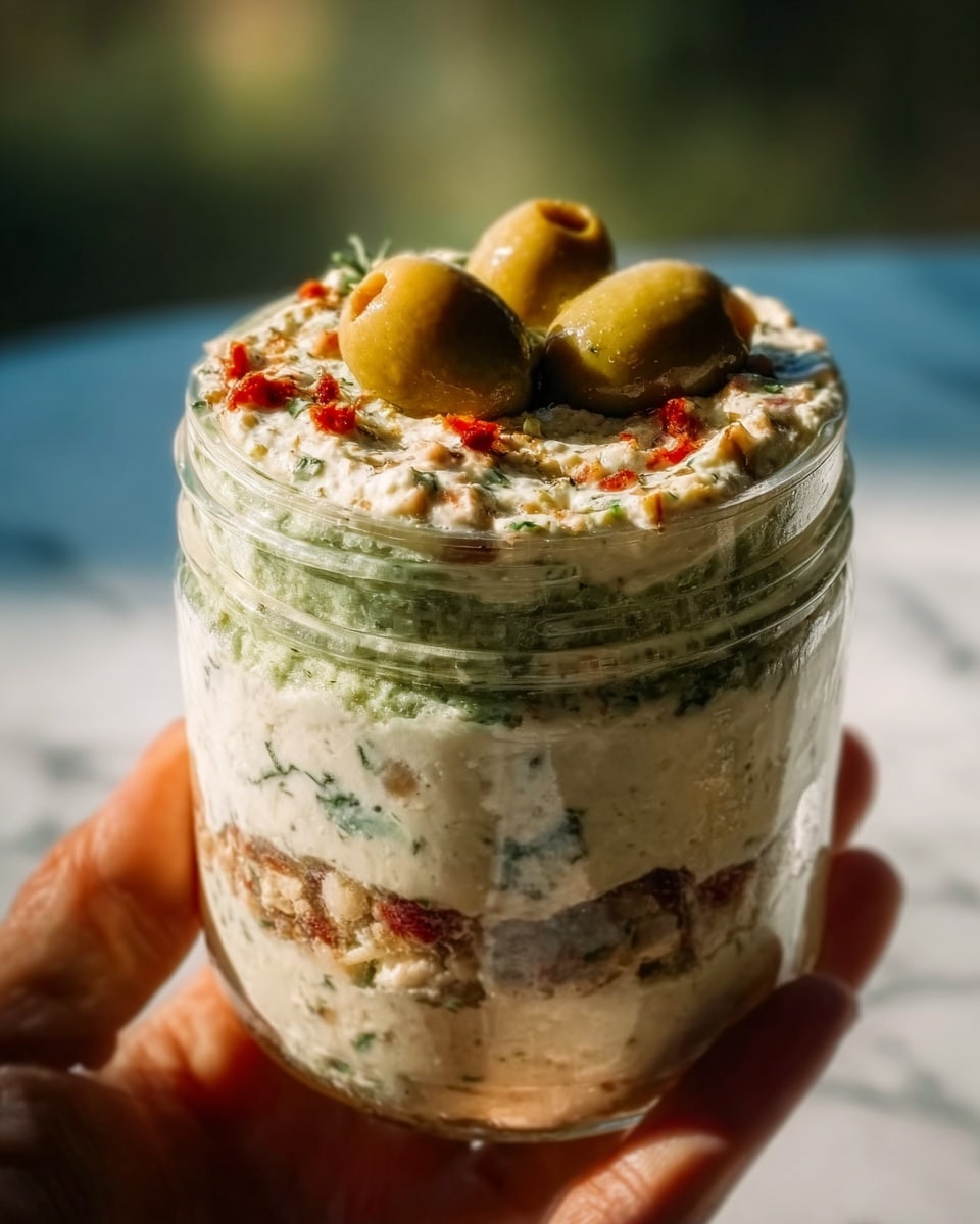 The image shows a clear glass jar full of a layered dip. The bottom layer is creamy white with visible green herbs mixed in. The middle layer appears thicker and has a slightly coarse texture with small red and green bits spread throughout. The top layer is a smoother greenish spread, sprinkled with tiny red pieces and topped with three whole green olives in the center. A woman's hand holds the jar from the bottom against a white marbled background. The lighting highlights the colors and textures clearly. Photo taken with an iphone --ar 4:5 --v 7